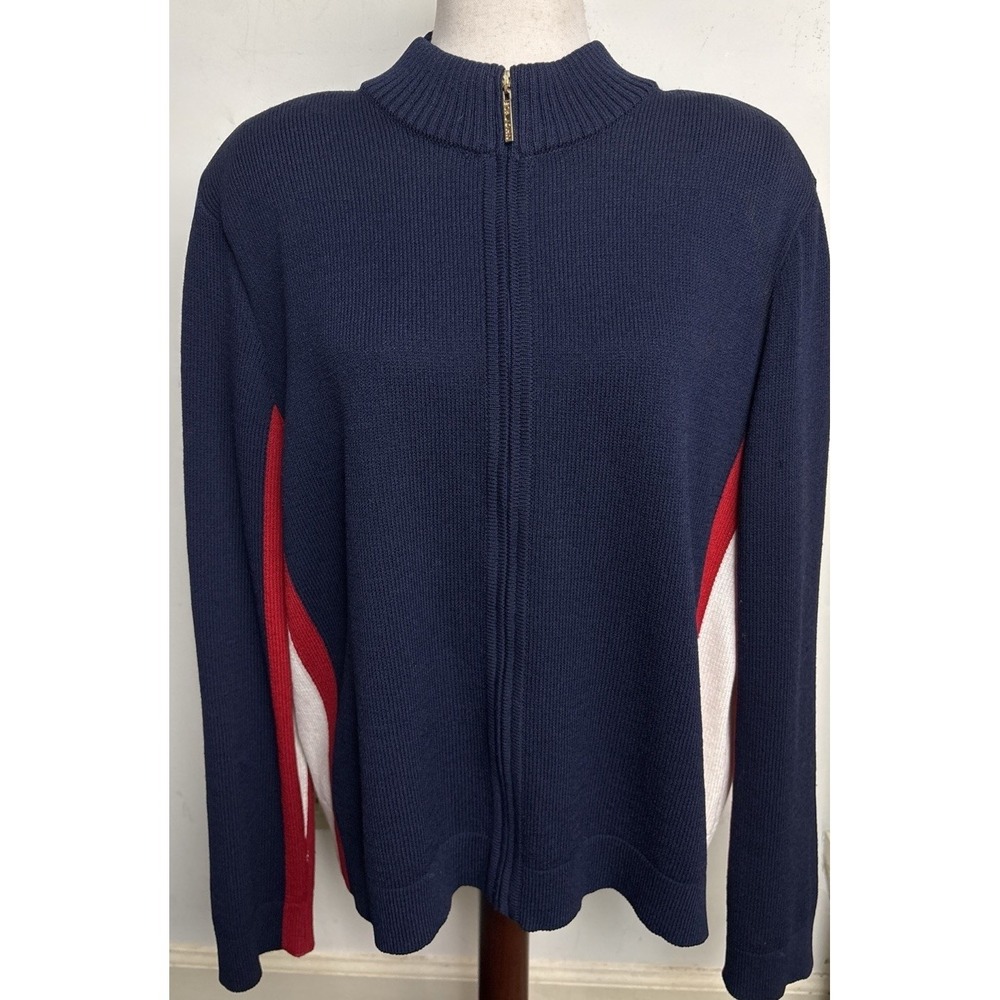 St John Sport Santana Knit Zip Cardigan Sweater Jacket Womens XL Blue Americana